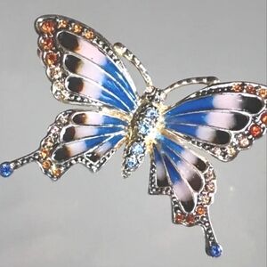 Monet Silver Plate Pique A Jour Enamel and Rhinestones Butterfly Brooch